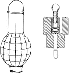 This grenade consists of three parts: (1) a lemon-shaped, serrated, cast iron body; (2) a special igniter the body of which is a hollow piece of wood fixed in the collar of the grenade by three wooden pins; (3) the charge.