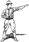 A soldier standing with arm outstretched.