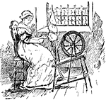 An illustration of a woman using a spinning wheel. A spinning wheel is a device for spinning thread or yarn from natural or synthetic fibers.
