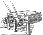 A Cotton Gin (short for cotton engine) is a machine that quickly and easily separates the cotton fibers from the seedpods and the sometimes sticky seeds, a job previously done by workers. These seeds are either used again to grow more cotton or, if badly damaged, are disposed of. It uses a combination of a wire screen and small wire hooks to pull the cotton through the screen, while brushes continuously remove the loose cotton lint to prevent jams. The term "gin" is an abbreviation for engine, and means "machine".