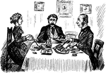 An illustration of two men and a woman sitting at a table eating dinner.