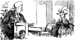 An illustration of a judge looking at a woman at the witness stand.