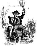 An illustration of a young man sitting on a fence reading a book aloud and using a noise instrument.