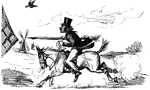 An illustration of a man riding a horse toward a windmill with a makeshift javelin, a play on Don Quixote.
