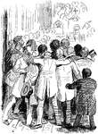 An illustration of a group of men from behind.