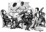An illustration of a group of men and women playing musical instruments.