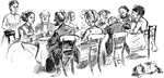 An illustration of a group of men and women attending a dinner party.