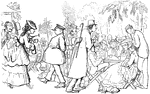 An illustration of a group of men and women gathered around numerous tables outside.