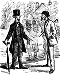 An illustration of two men talking on a street.