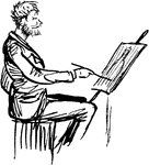 An illustration of a man sitting in from of an easel and painting