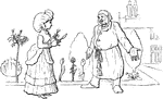 An illustration of a man and woman talking in a garden.