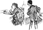 An illustration of one man looking over another man's shoulder.
