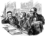 An illustration of three men looking at a book.