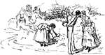 An illustration of a couple talking on a country road while another woman picks flowers.