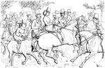 An illustration of a group of men and woman riding on horseback.