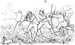 An illustration of a group of men shooting gamefowl.