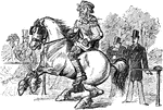 An illustration of a man sitting atop a horse.