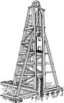This pile driver is powered by a horse. The horse will pull a cord that raises the weight. When the weight reaches the top of the device, it is released. After being released it will fall a distance before striking an object below with great force causing it to pressed into the ground.
