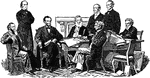 From the painting, "First Reading of the Emancipation Proclamation of President Lincoln" by Francis Bicknell Carpenter. From left to right: Edwin Stanton (Secretary of War), Salmon Chase (Secretary of the Treasury), Abraham Lincoln (President of the United States), Gideon Welles (Secretary of the Navy), Caleb B. Smith (Secretary of the Interior), William Seward [sitting] (Secretary of State), Montgomery Blair (Postmaster General), and Edward Bates (Attorney General).