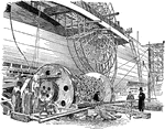 "A midship view of the Great Eastern, showing one of the paddle-wheels and the launching gear." -Gordy, 1916