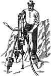 It consists of a steam cylinder and piston and its rod, and to the rod is firmly secured a steel rock-drill. The cylinder is supported upon a heavy tripod that may stand in any position and present the point of the drill in any direction. The steam or compressed air is conveyed to the cylinder through a hose, and when ready for work it delivers its tremendous thundering blows upon the rock in rapid succession.