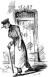 An illustration of a man walking with a cane and smoking a cigar.