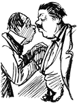 An illustration of two men shaking hands and kissing each other's cheeks