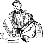 An illustration of a waiter taking an order from a customer looking at a menu.
