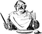 An illustration of a man holding a fork and knife in his hands and with a napkin wrapped around his neck.