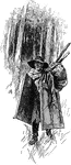 A drawing of a Jesuit man traveling through the wilderness.