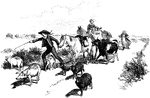 An illustration of a family taking their livestock to the market to sell.
