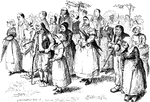 An illustration of a group of townspeople from Sainte-Anne-d'Auray as pictured at their pardon in 1623.