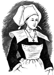 An illustration of a woman wearing a bonnet that is long in the back.
