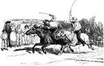 An illustration of two men racing on horseback.