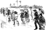 An illustration of a group of men and women walking in a rain storm.
