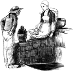An illustration of a woman sitting on a rock wall and a man standing while they talk.