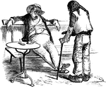 An illustration of a man asleep on a bench with another man standing in front of him holding a cane.