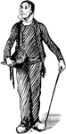 An illustration of a man standing hold his cane in one hand and his hat in the other.