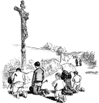 An illustration of a group of people kneeling in front a large cross.