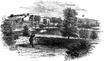 "Battle ground at Concord. This view, looking southeast, is from the road leading to the village, by the way of the North Bridge, to the residence of Mr. Prescott Barrett. The point from which the sketch was made is upon an elevation a little north of that where the militia assembled under Colonel Barrett. The stream of water is the Concord, or Sudbury River. The site of the North Bridge is at the monument seen in the center of the picture. The monument stands upon the spot where the British were stationed, and in the plain, directly across the river from the monument, is the place where Davis and Hosmer, of the American militia, were killed. The house, the roof and gable of which are seen in the distance, just on the left of the largest tree, was the residence of the Reverend Dr. Ripley (afterward a chaplain in the army) at the time of the skirmish. It is upon the road elading to Concord village, which lies nearly half a mile beyond."—Lossing, 1851