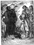 Macbeth and Banquo meet the three witches on the blasted heath.