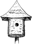 An illustration of a birch bark bird house.