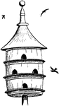 An illustration of a multi level bird house commonly used for Purple Martins.