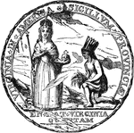 The Colonial Seal of Virginia. An Indian kneels before a prominent royal figure.