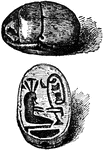 The scarab is a carved piece of stone used as an amulet that represents a scarab beetle on one side and has other engravings on the bottom.