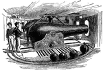 USS <em>Monitor</em> was the first ironclad warship commissioned by the United States Navy. <em>Monitor</em> consisted of a heavy round revolving iron gun turret on the deck, housing two 11 inch Dahlgren guns, paired side by side.