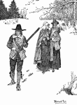 A drawing of early settlers in New England.