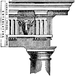 An entablature refers to the superstructure of moldings and bands which lie horizontally above columns, resting on their capitals. Entablatures are major elements of classical architecture, and are commonly divided into the architrave&mdash;the supporting member carried from column to column, pier or wall immediately above; the frieze&mdash;an unmolded strip that may or may not be ornamented; and the cornice, the projecting member below the pediment. The structure of the entablature varies with the three classical orders: Doric, Ionic, and Corinthian. In each, the proportions of the subdivisions (architrave, frieze, cornice) are defined by the proportions of the column in the order. In Roman and Renaissance interpretations, it is usually around a fourth of the height of the column. Variants of entablature that do not fit these models are usually derived from them.