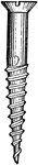 A wood screw with a flat head and slotted drive. Wood screws are unthreaded below the head and designed for attaching two pieces of wood.