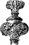 The finial is an architectural device, typically carved in stone and employed to decoratively emphasize the apex of a gable, or any of various distinctive ornaments at the top, end, or corner of a building or structure. Smaller finials can be used as a decorative ornament on the ends of curtain rods or applied to chairs and furniture. These are frequently seen on top of bed posts or clocks. Decorative finials are also commonly used to fasten lampshades, and as an ornamental element at the end of the handles of souvenir spoons. Finials can also be decorative members at the ends of curtain rods. An architectural finial can also function as a lightning rod, and was once believed to act as a deterrent to witches on broomsticks attempting to land on one's roof.